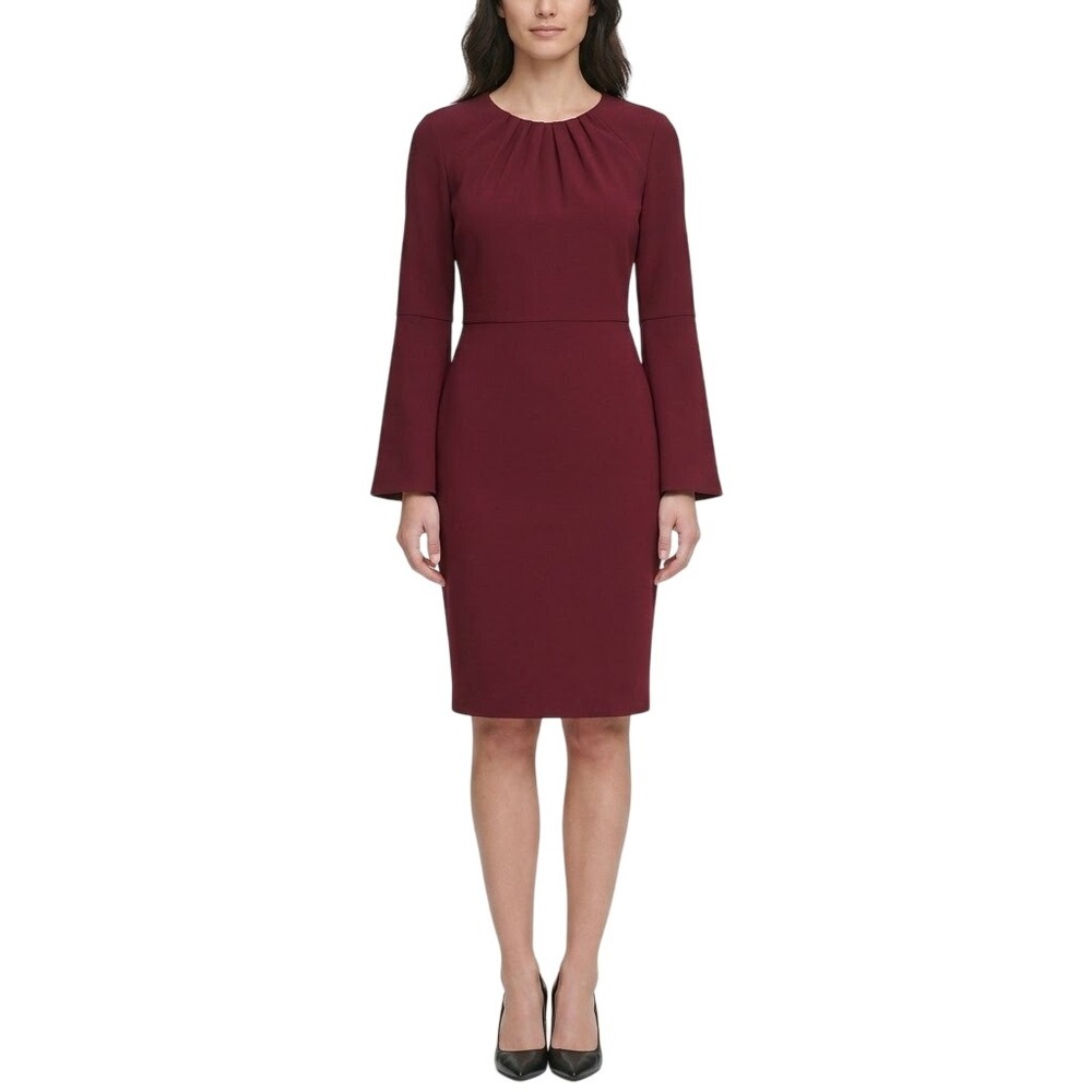 Calvin Klein Sheath Dress Women 12 Burgundy Bell Sleeve Pleated Neck Workwear